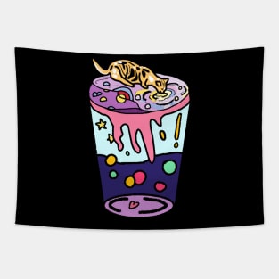 Aesthetic Cat Drinking Boba Milk on Aesthetic Land - Blue Tapestry