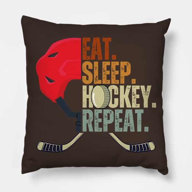 Eat Sleep Hockey Repeat Kids Adult Ice Hockey Retro Vintage Pillow by Just Me Store