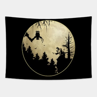 Halloween Wizard Casting Spells Owl on Tree Branch Full Moon Tapestry