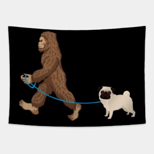 Bigfoot Dog Walk Pug - Sasquatch Dog Lovers Tapestry