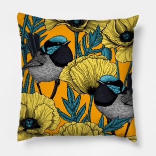 Fairy wren and poppies in yellow Pillow