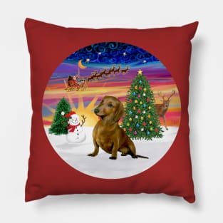 Santa's Sunset Take Off with a Brown Dachshund Pillow