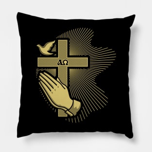 The cross of Jesus, praying hands and a dove - a symbol of the Holy Spirit Pillow