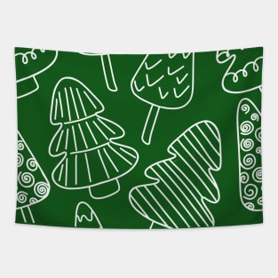 White Outline Chalkboard Christmas Tree Doodle Pattern on Green Background, made by EndlessEmporium Tapestry