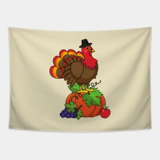 Cute Turkey with Harvest Thanksgiving Tapestry