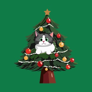 Gray Tabby Cat in a Christmas Tree T-Shirt