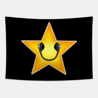 Yellow Music Star with Headphones Smile Tapestry