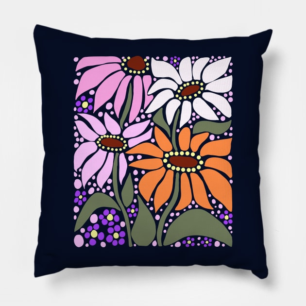 Cute pink white and orange summer wildflowers boho Art style Pillow by Yarafantasyart