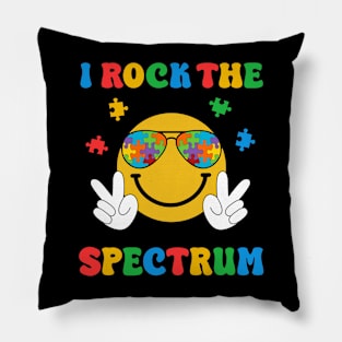 I Rock The Spectrum Groovy Hippie Smile Face Cool Autism Awareness Month Day Cute Women Men Boys Girls Kids Pillow