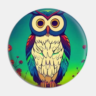 Colorful Owl on Branch Portrait Illustration - Bright Vibrant Colors Bohemian Style Feathers Psychedelic Bird Animal Rainbow Colored Art Pin