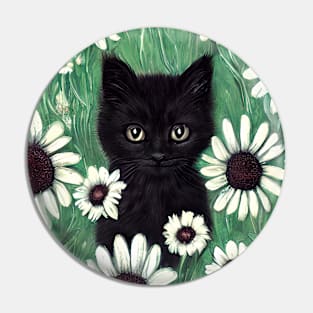 Black kitten in a field of daisies Pin