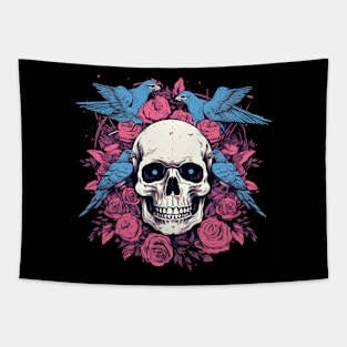 Skull with Birds and Floral Design Tapestry