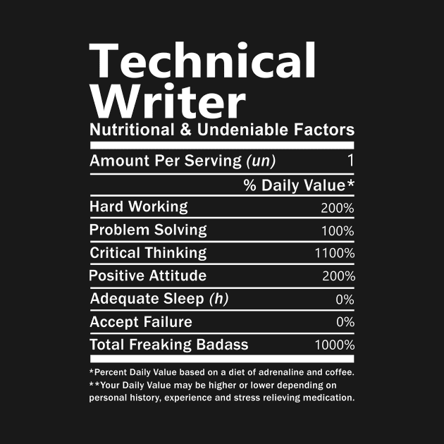 Technical Writer T Shirt - Nutritional and Undeniable Factors Gift Item Tee by Ryalgi