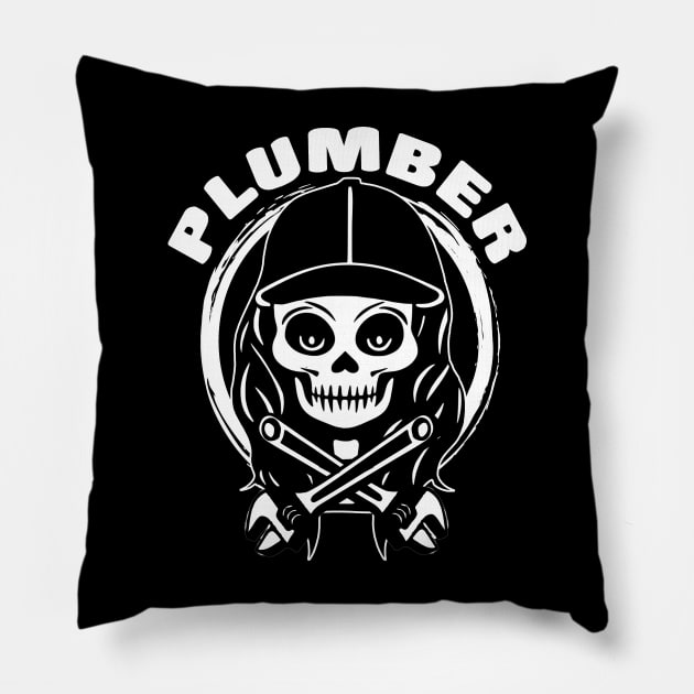 Female Plumber Skull and Wrench White Logo Pillow by Nuletto