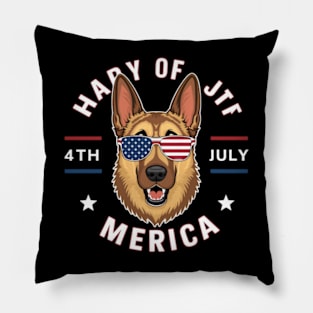 A cartoon German Shepherd in American flag colors has an American flag-colored face, wearing American flag-colored sunglasses Pillow