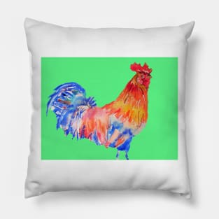 Rooster Chicken Watercolor Painting on Green Pillow