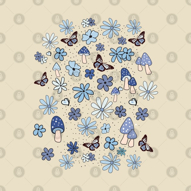 Light Blue Flowers Butterflies and Mushrooms Cottagecore Aesthetic by YourGoods