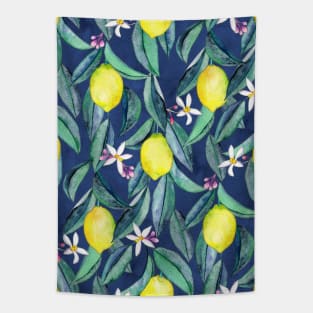 When Life Gives You Lemons - watercolor lemons on dark blue Tapestry