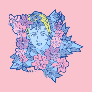 Blue Star Girl and Pink and Purple Flowers T-Shirt