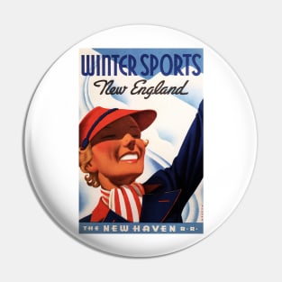 Winter Sports in New England Canada Advertisement Sascha Maurer Vintage Travel Pin