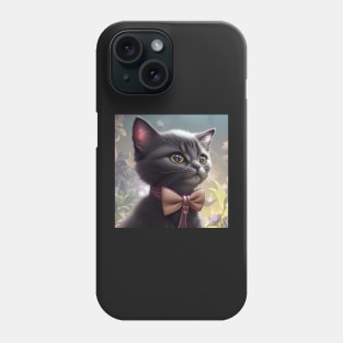 Elegant Grey and White Cat With a Golden Bow Tie | Grey and white cat with green eyes | Digital art Sticker Phone Case