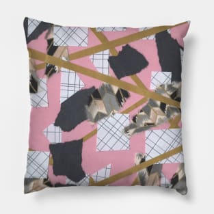 Feathers and Frays - Pink, Gold, Black, White - Abstract Mixed Torn Paper Collage Pillow