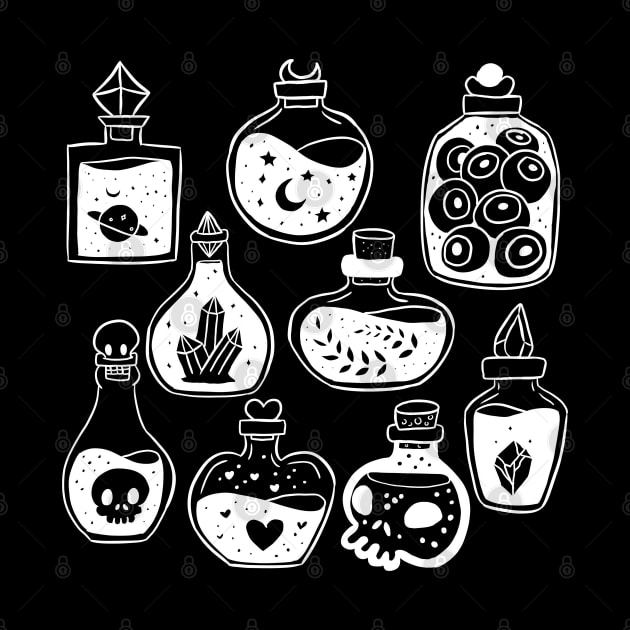 Cute black and white fantasy magical potions bottles by Yarafantasyart