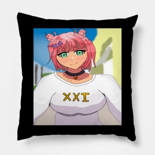 Short Pink Hair Anime Girl and Green eyes Pillow