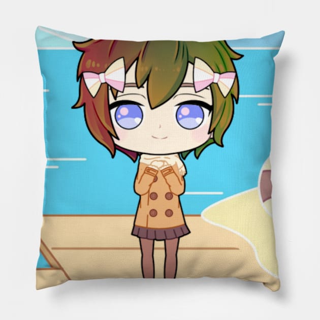 Kawaii Brown Girl at the beach Pillow by Alemway