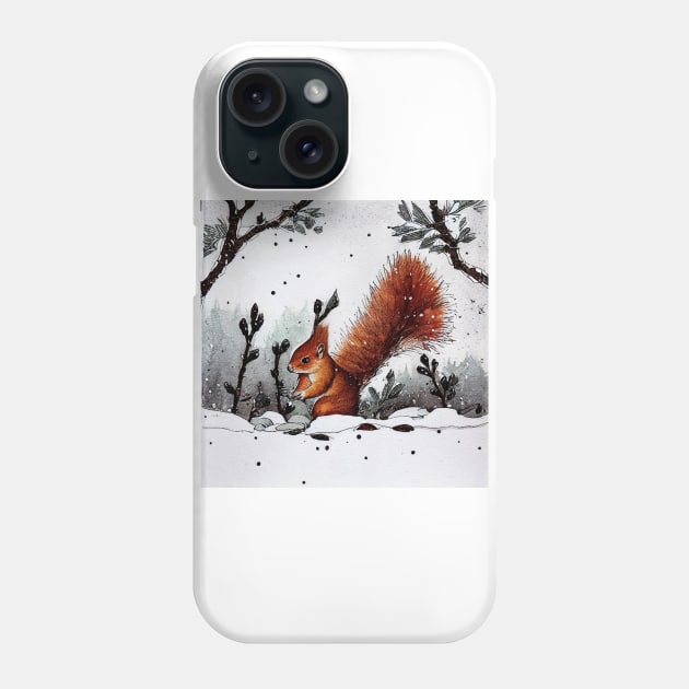 Red Squirrel in Snow Storm Phone Case by fistikci