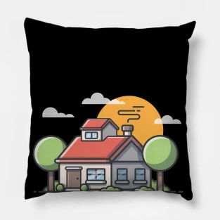 Beautiful house and sunset cartoon Pillow