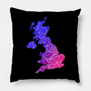 Colorful mandala art map of United Kingdom with text in blue and violet Pillow