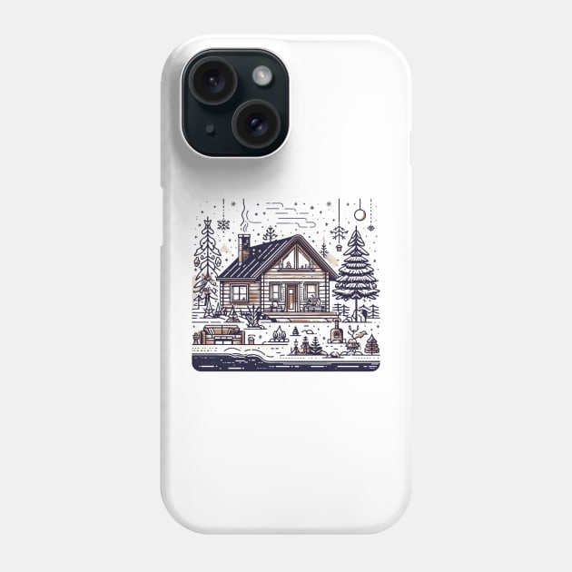 a warm and inviting cabin surrounded by a snowy landscape includes elements like a crackling fireplace, decorated Christmas tree, and perhaps a family or group of friends enjoying the holiday season inside. Phone Case by maricetak