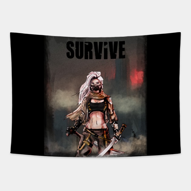 Apocalypse Girl gas mask  with katana sword and machete : Survive quote t-shirt Tapestry by DeMonica