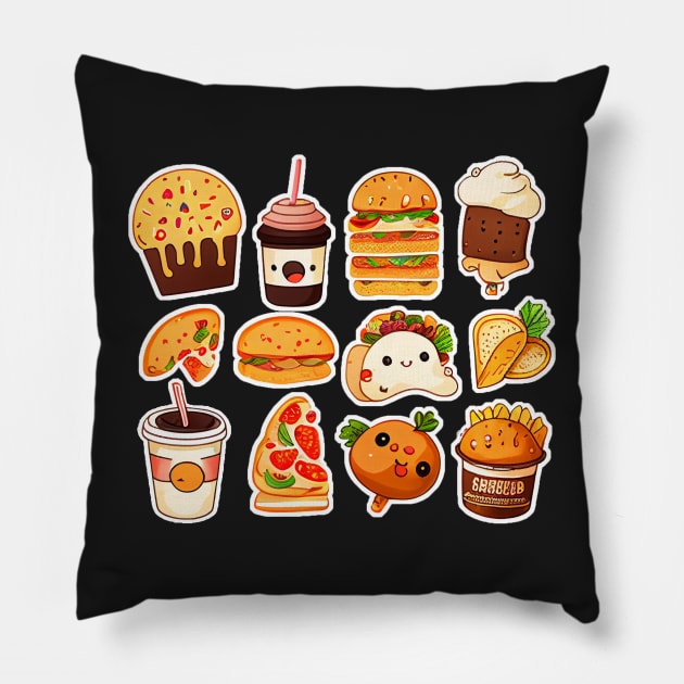 #6 Cute happy food sticker pack Pillow by KawaiiFoodArt