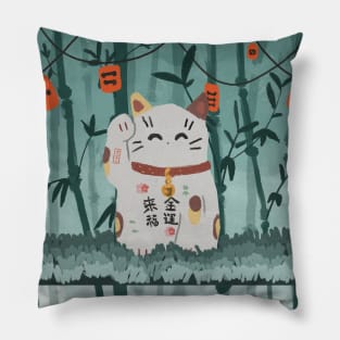 Lucky Cat/Maneki Neko in Bamboo Forest Pillow