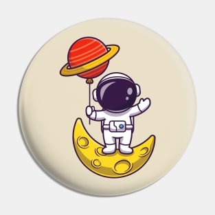 Cute Astronaut Standing On Moon And Holding Planet  Balloon Cartoon Pin