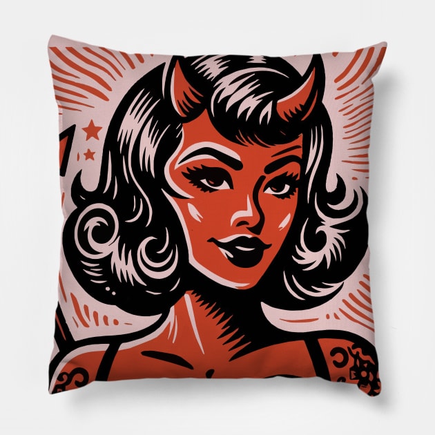 Retro Devil Girl Pillow by n23tees