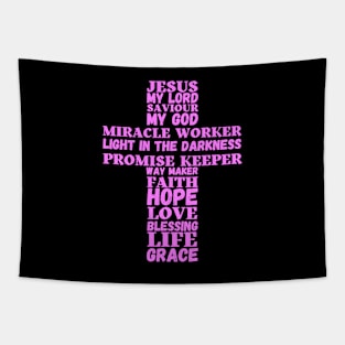 Words about Jesus in the shape of a cross - pink text Tapestry