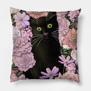 Little Black Garden Cat - Pink Flowers Pillow