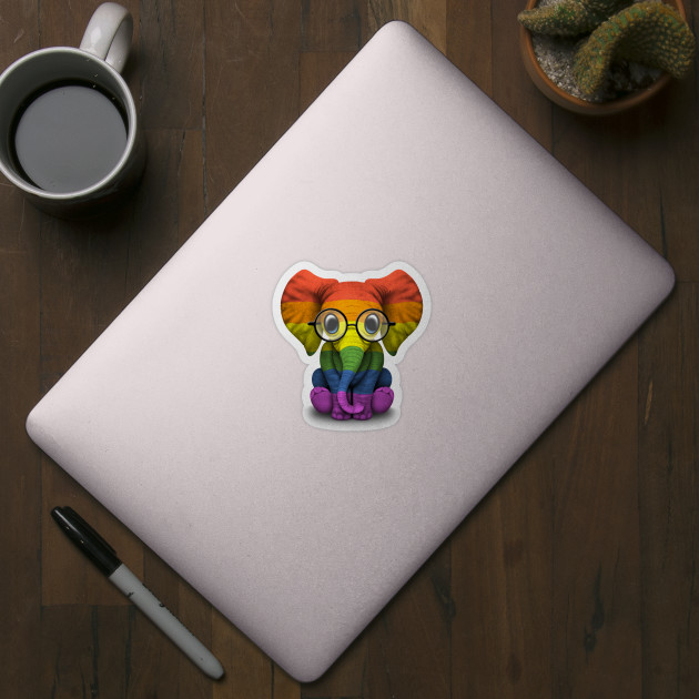 Baby Elephant with Glasses and Gay Pride Rainbow Flag - Pride - Sticker