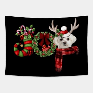 Christmas Joy Dwarf Stocking Reindeer White Maltese Tapestry