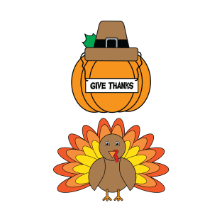 Turkey and Pumpkin with Give Thanks Sign T-Shirt