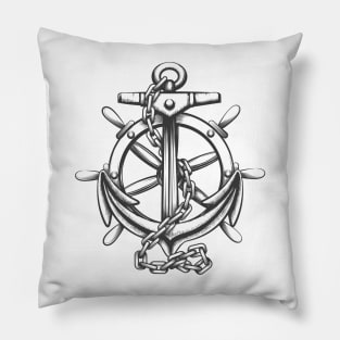 Anchor and ships wheel tattoo in engraving style Pillow