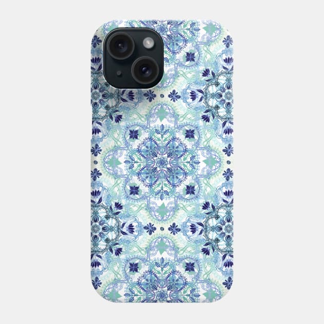 Navy Blue, Green & Cream Detailed Lace Doodle Pattern Phone Case by micklyn