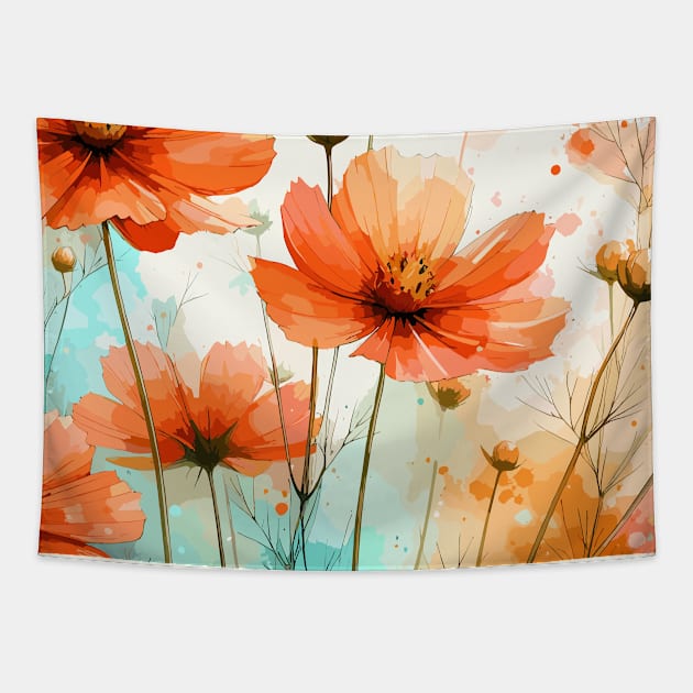 Orange Cosmos Flowers Pattern Tapestry by Jenni Arts