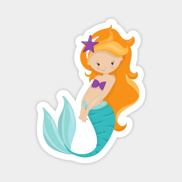 Cute Mermaid, Little Mermaid, Orange Hair, Star Magnet by Jelena Dunčević