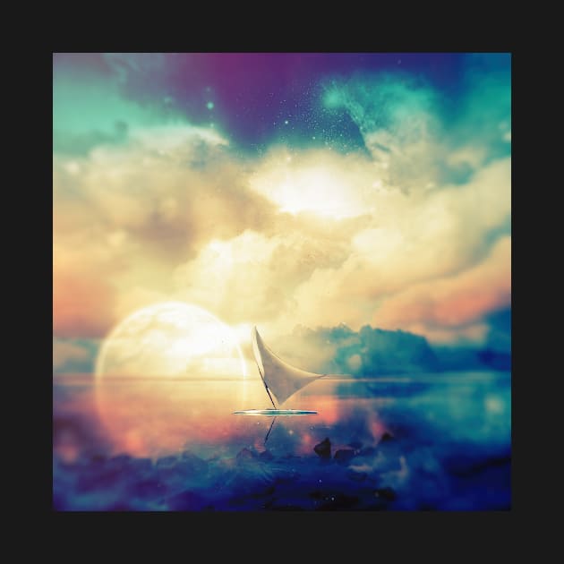 Surreal Blue Digital Art Collage with Sailboat on Lake by Sizzlinks