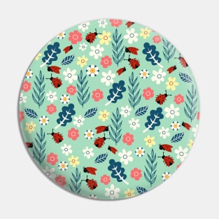 Spring meadow in bloom with ladybirds on green background Pin