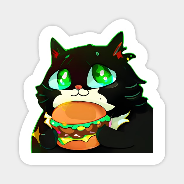 Black Fat cat with eating burger Magnet by Meowsiful